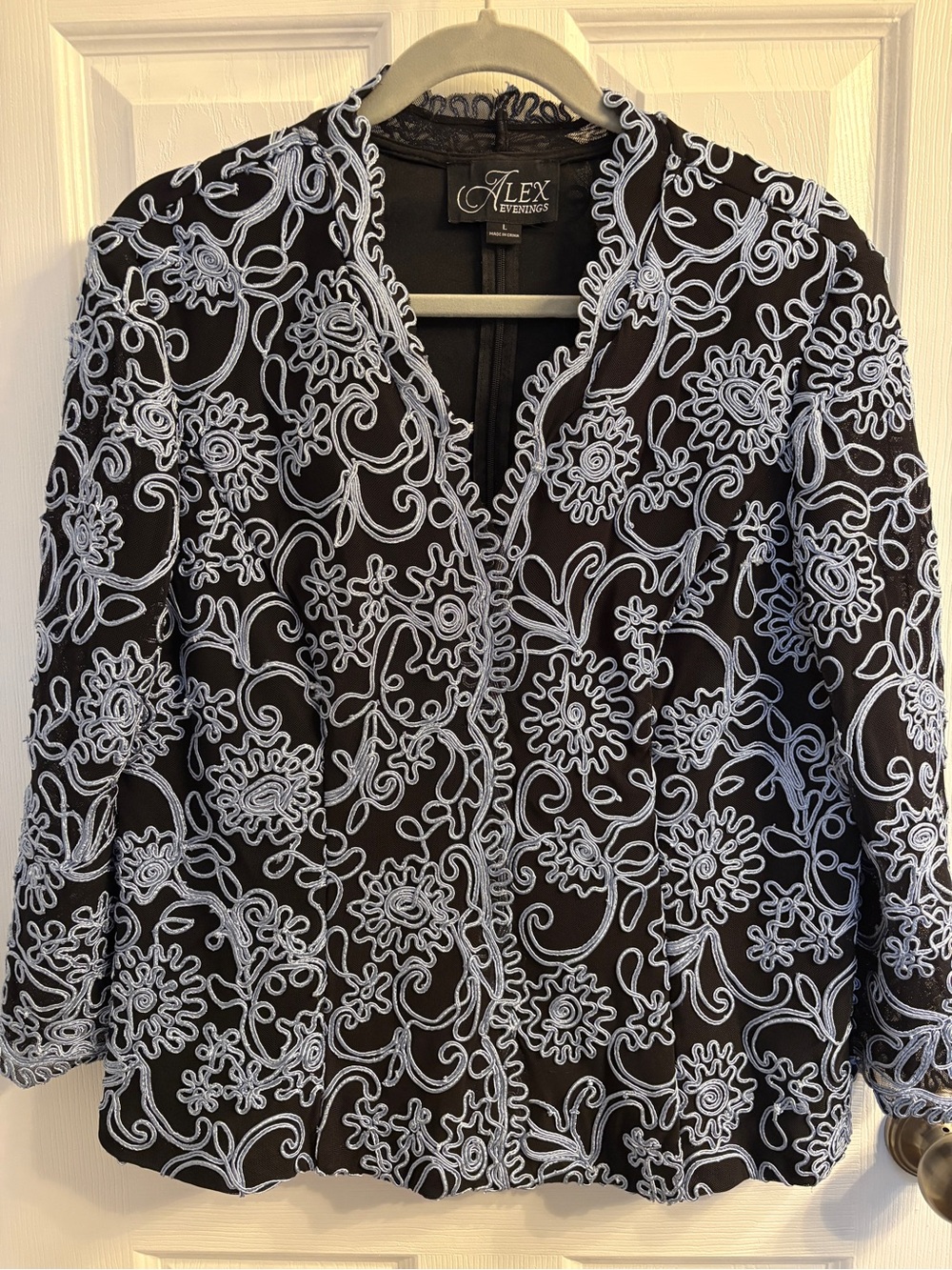 Alex Evenings Black Jacket with White Embroidered Floral Appliqué #0357